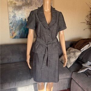 Le Chateau Charcoal Gray Midi Dress with Ruffle Collar